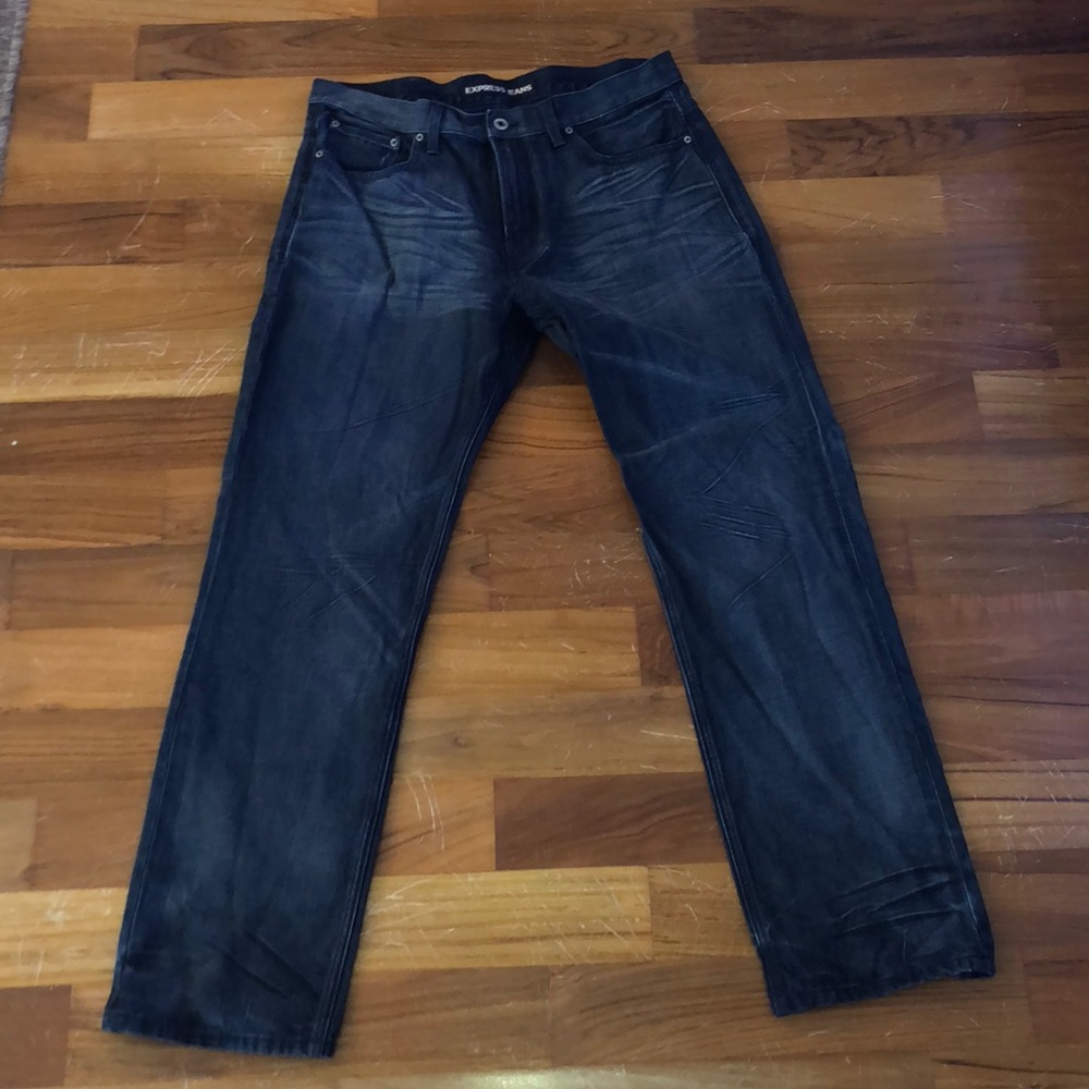 Loose fit straight leg dark wash jeans